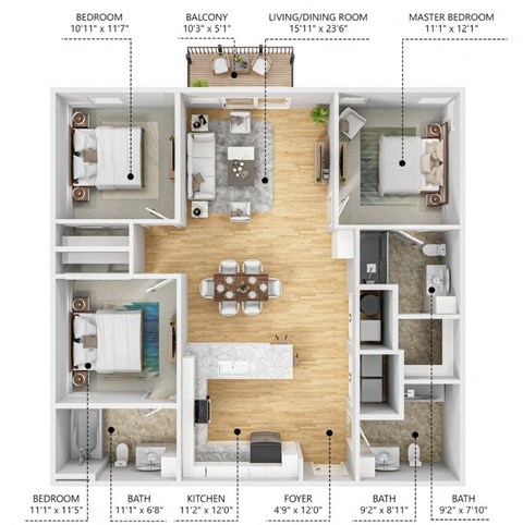 Floor plan for 3 beds, 3 baths, 1320 sqft